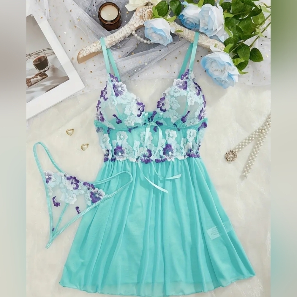 NWT Sexy Strappy Baddie Sheer Barbiecore Floral Lace Lingerie Set cyan Purple L